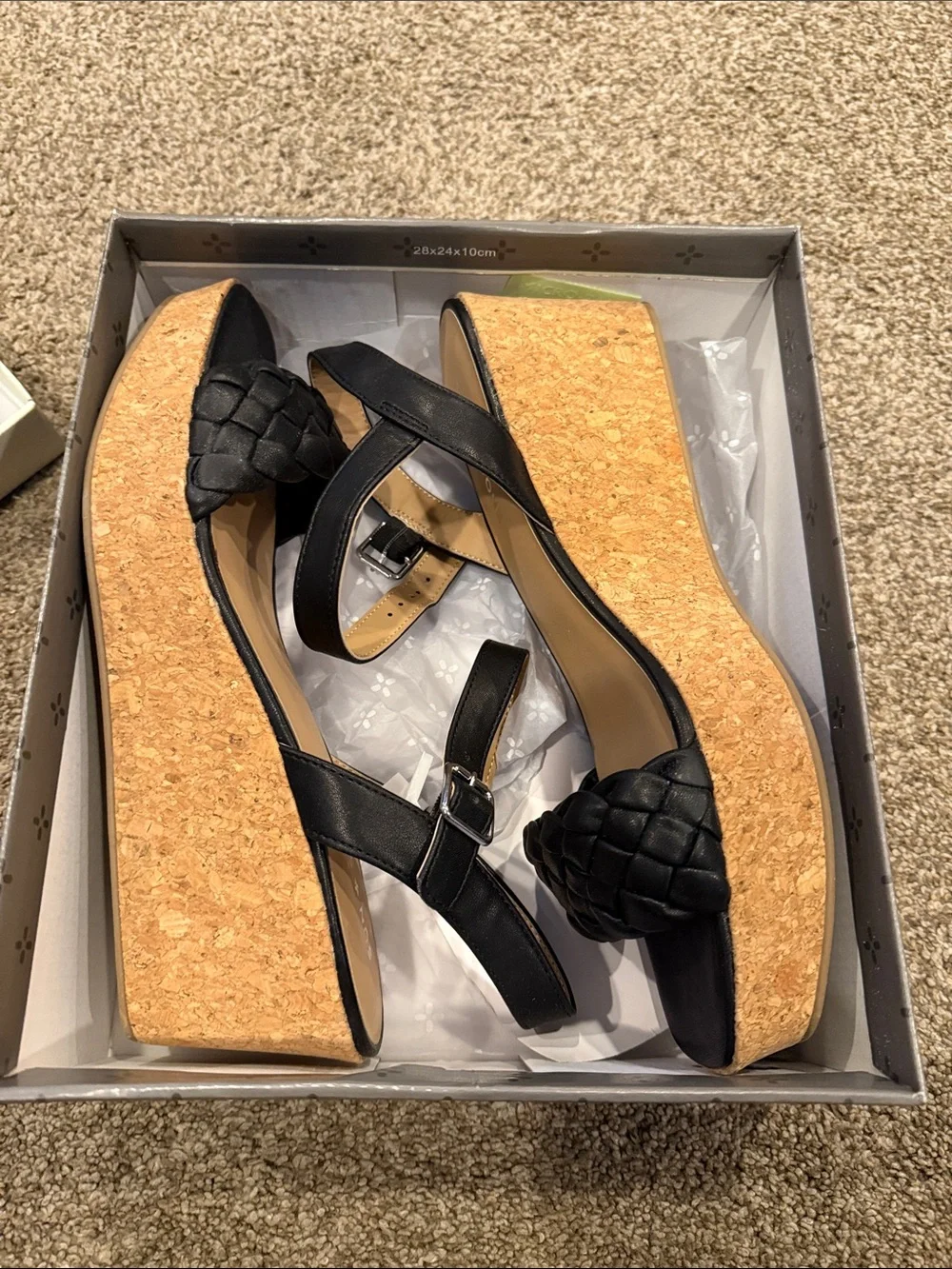 Sun + Stone Black Woven Strap Cork Wedge Sandals